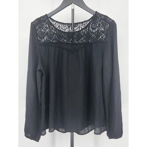 Simply Styled Sears Black Crochet Lace Yoke Long Sleeve Chiffon Blouse Top